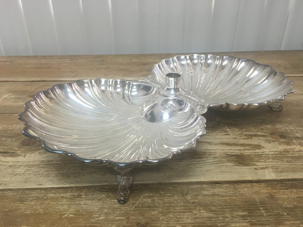 Crescent Dolphin Feet Double Shell Shrimp Cocktail Serving Silverplate Dish 1212