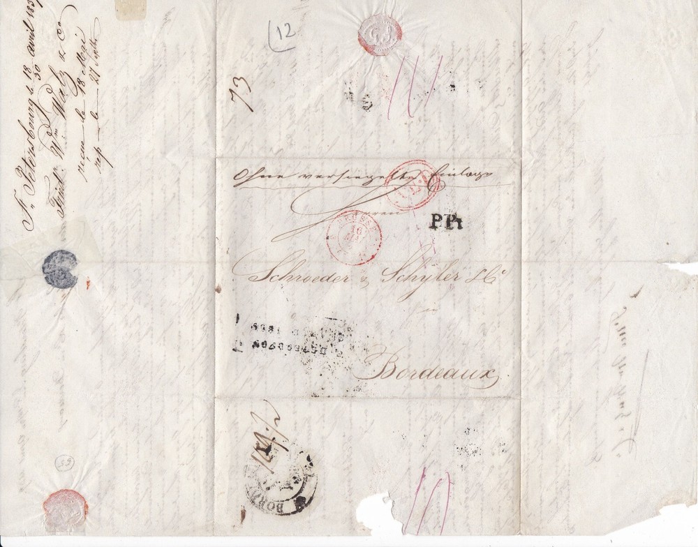 Russia 1839 Lettersheet St Petersbourg to Bordeaux France with PP & AED Handstmp