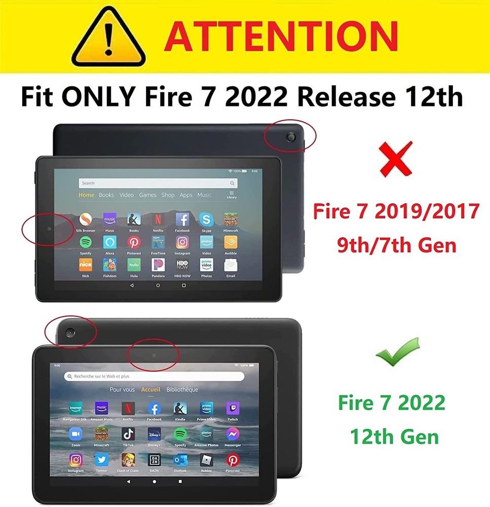 New Amazon Fire 7" (2022) Case, 12th Generation Folio Leather Smart Stand Cover