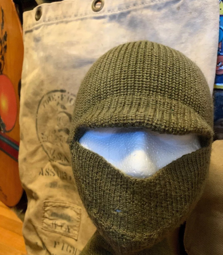 Vintage WWII US ARMY OD Green Wool Full Face Mask Toque Balaclava Watch Cap Rare