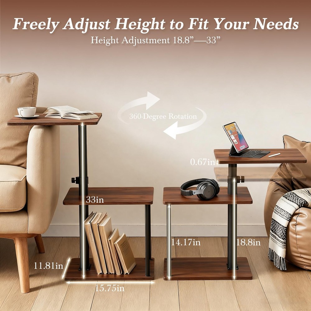Adjustable Swivel Side Table with Storage Shelf for Small Spaces - End Table