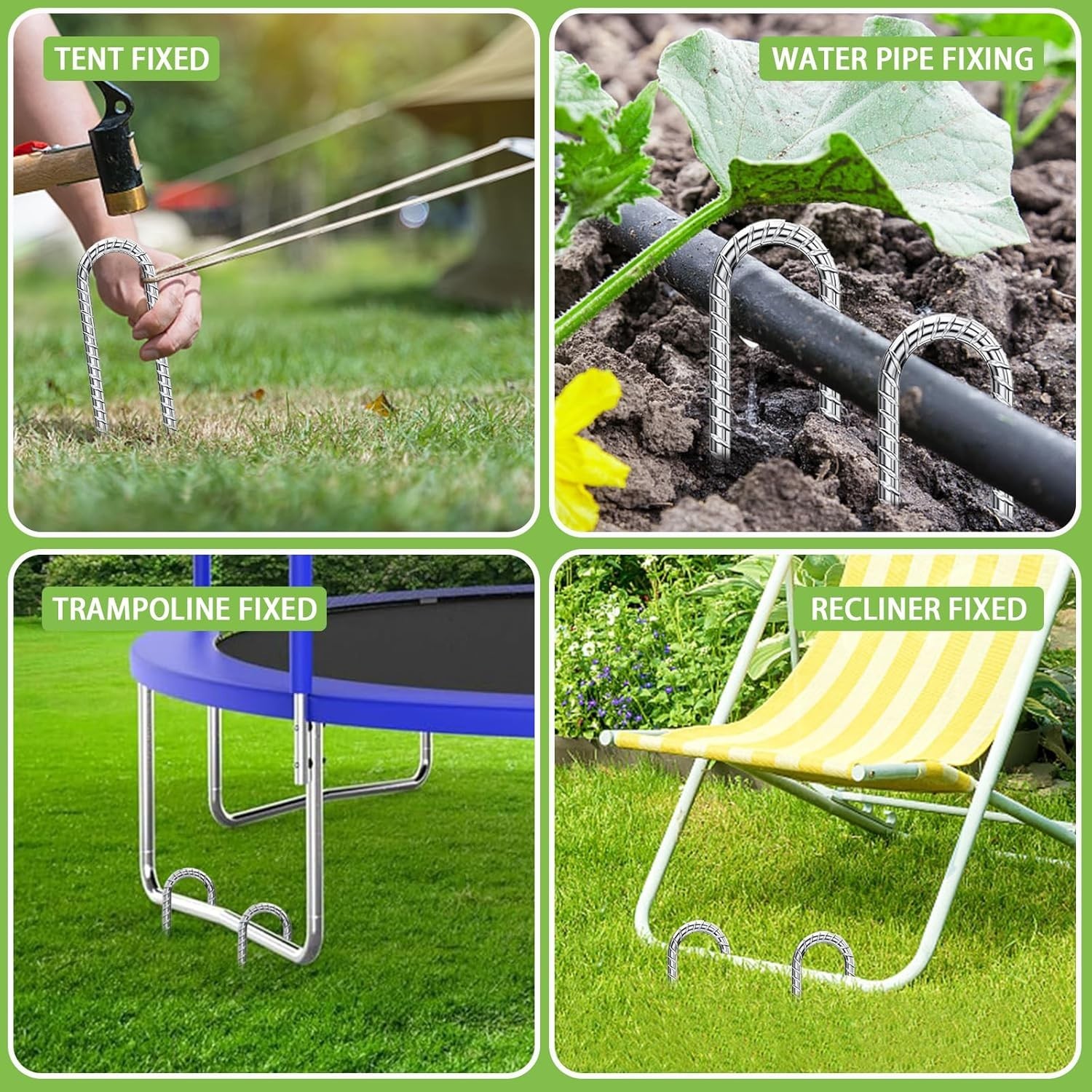 4 Pack 12" Inch Rebar Stakes, U Hook Galvanized Trampoline Stakes Ground Anchors