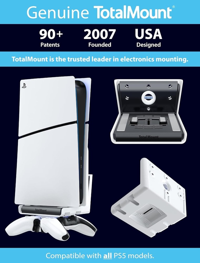 PS5 Universal Wall Mount with Controller Storage - Easy Drill-Free Installation