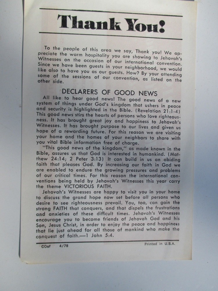 A WATCHTOWER ASSEMBLY HANDBILL 1978