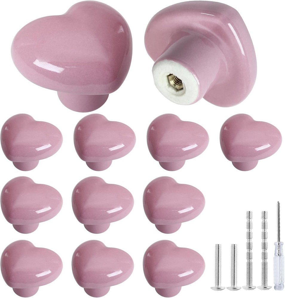 12pcs Ceramic Cabinet Knobs Light Pink Drawer Knobs Heart Shaped Dresser Knob...