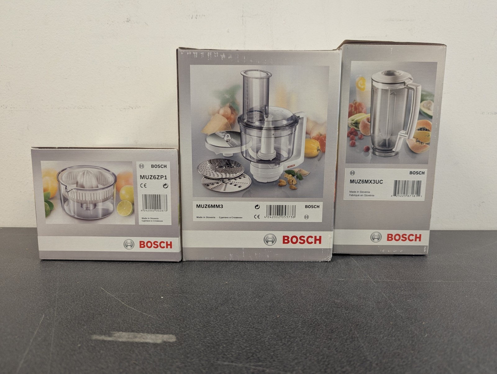 Bosch 3pc Bundle, Universal Mixer, Plastic Mixer Attachment, Citrus Press, New