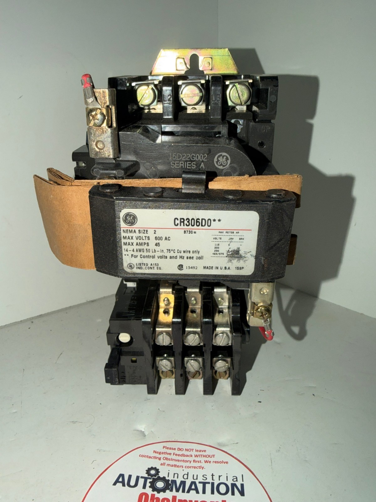 GE NEMA SIZE 2 STARTER CONTACTOR 25 HP 3PH 600 VAC 45 AMP CR306D0 W/ CR305X200A