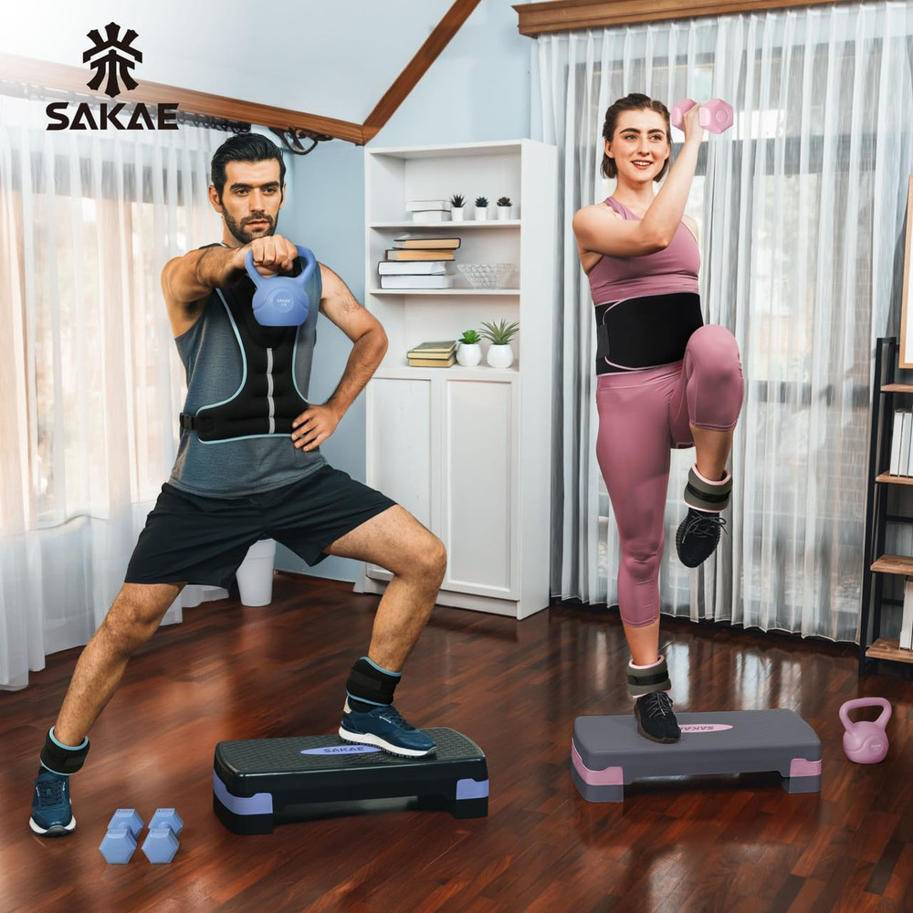 Adjustable Height Aerobic Stepper Set, Multiple Bundle Options with Dumbbells, K