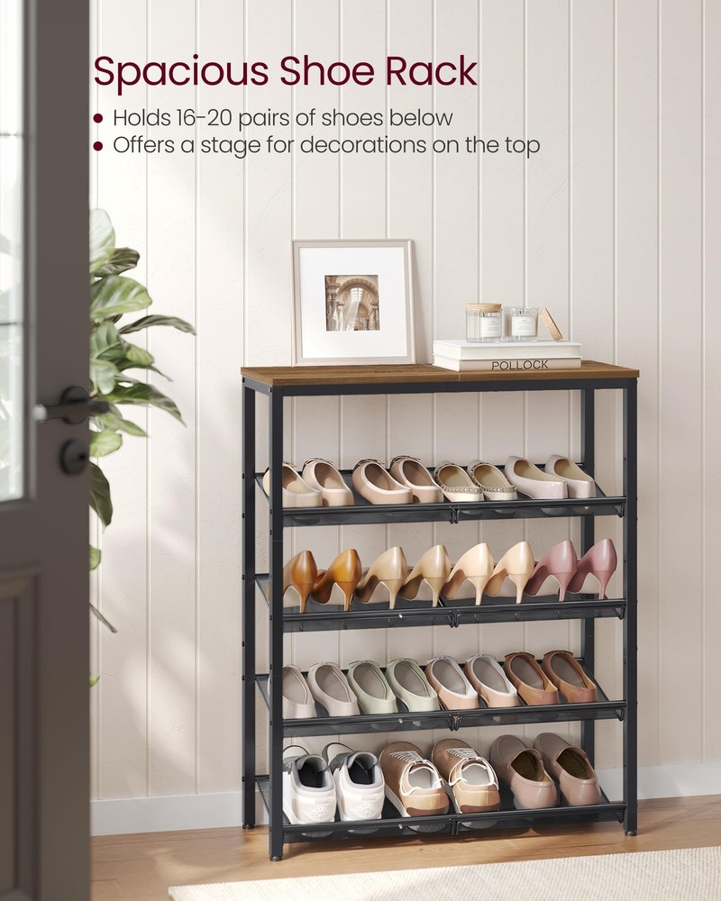 VASAGLE 5Tier Adjustable Industrial Shoe Rack Organizer for Entryway