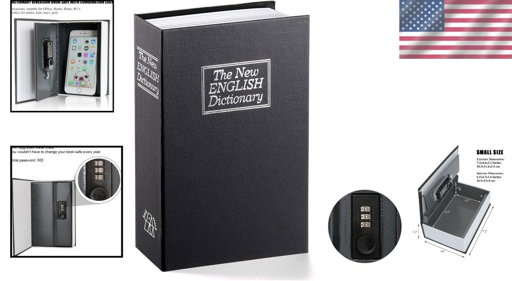 Multi-Functional Black Book Safe with Upgraded Combination Lock - Small & Secure