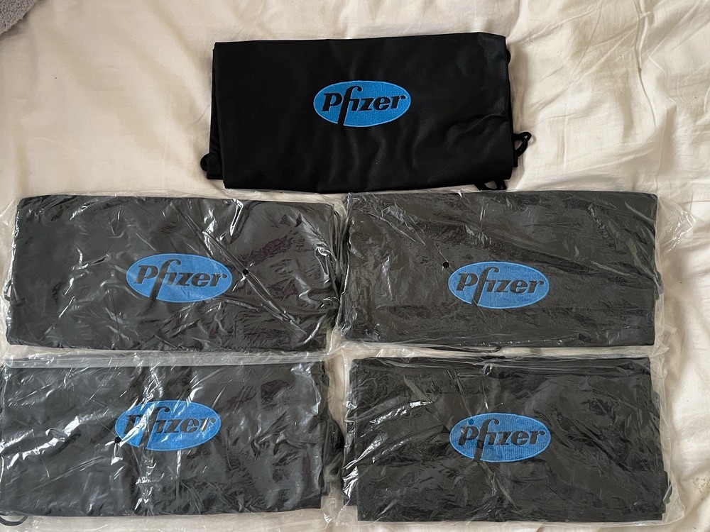 5 Pfizer Pharmaceutical rep swag - Five Drawstring backpacks