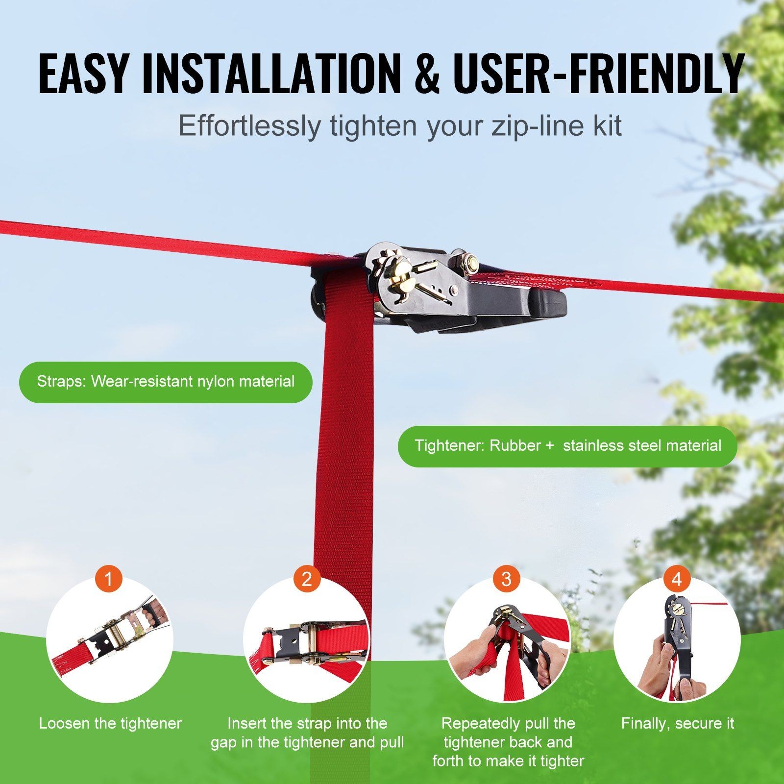 VEVOR Zipline Kit for Kids and Adult, 65 ft Zip Line Kits Up to 500 lb, Backyard