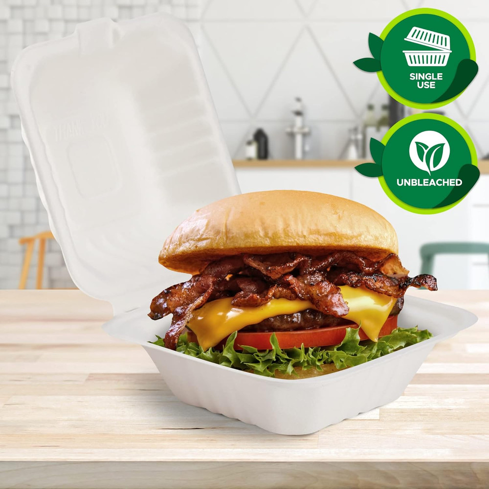 50-Pack 6X6 Biodegradable Bento Box Hamburger Containers, Compostable Small Take