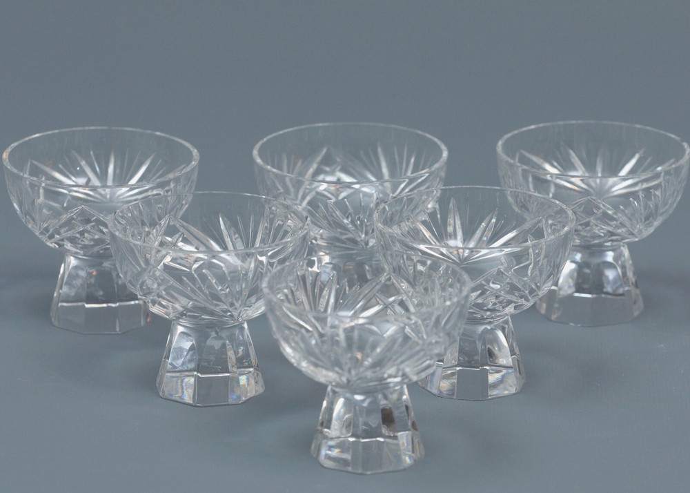 6 CRYSTAL CUT Clear Glass Footed Round Salt Cellars