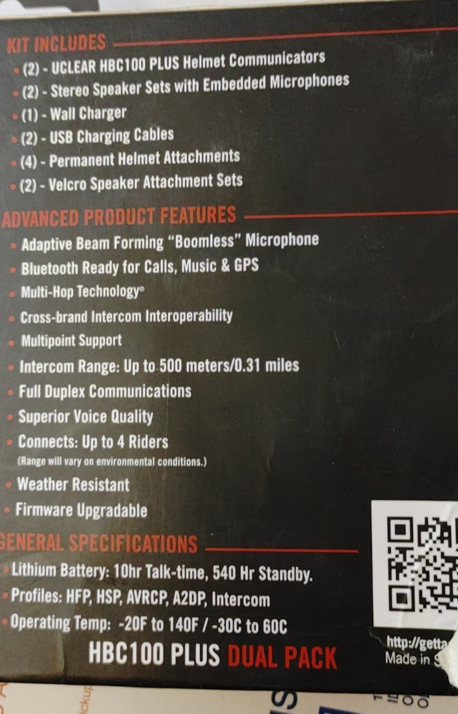 UCLEAR HBC100 PLUS Dual Pack Bluetooth Helmet Comms Clear V2 BITwave Boomless