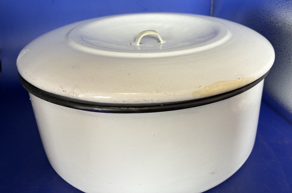 Antique White Enamel Ware Crackers Tin With Lid