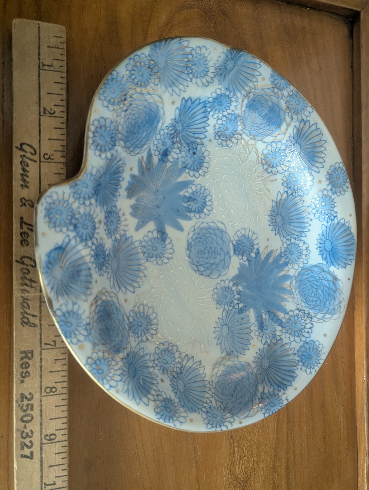 Vtg Kutani Gold Chrysanthemum Flower Japan Blue Trinket Dish Ashtray MCM Art