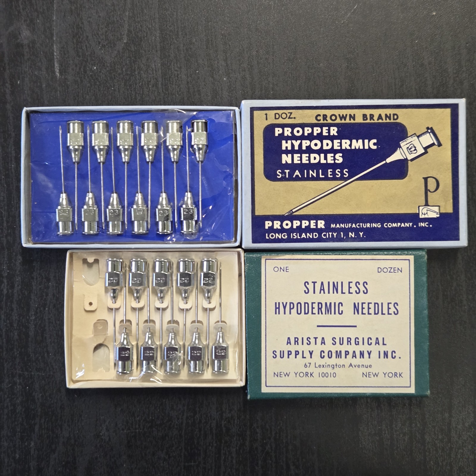 Vintage Hypodermic Needle Lot 22ga 1” Propper Crown Brand + Arista Boxes Display