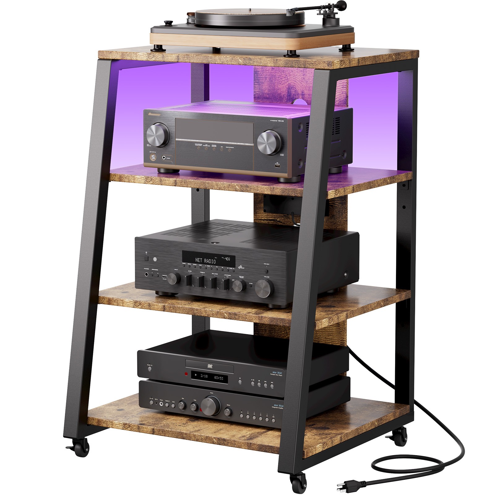Lifewit 4 Tier AV Media Stand with Power Outlets, Stereo Racks with LED Lights
