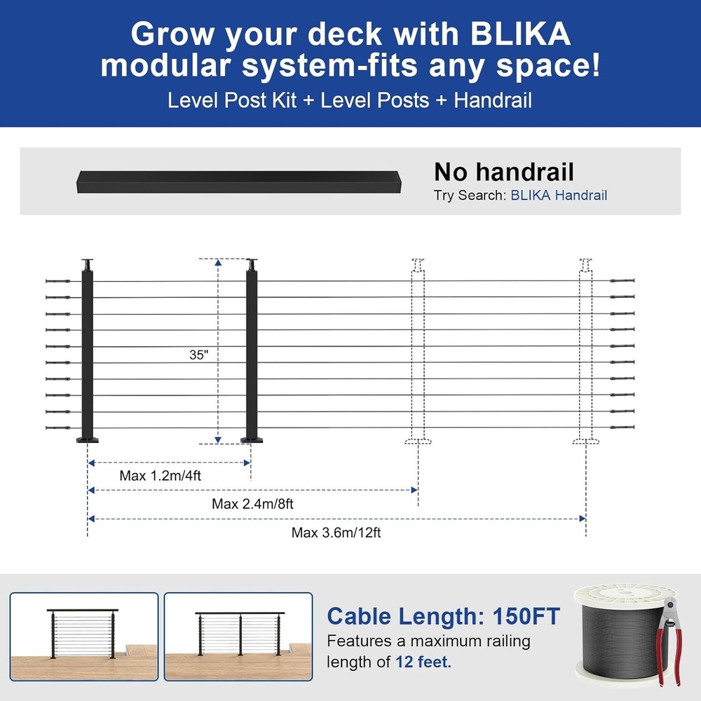 Complete Set 36" Cable Railing Post Kit, Black Surface Mount Adjustable Top Cabl