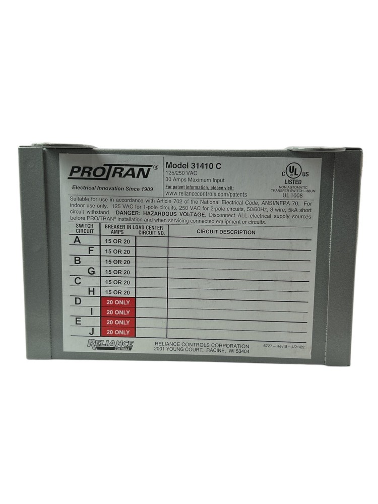 Reliance Pro/Tran 10-Circuit 30A Transfer Switch