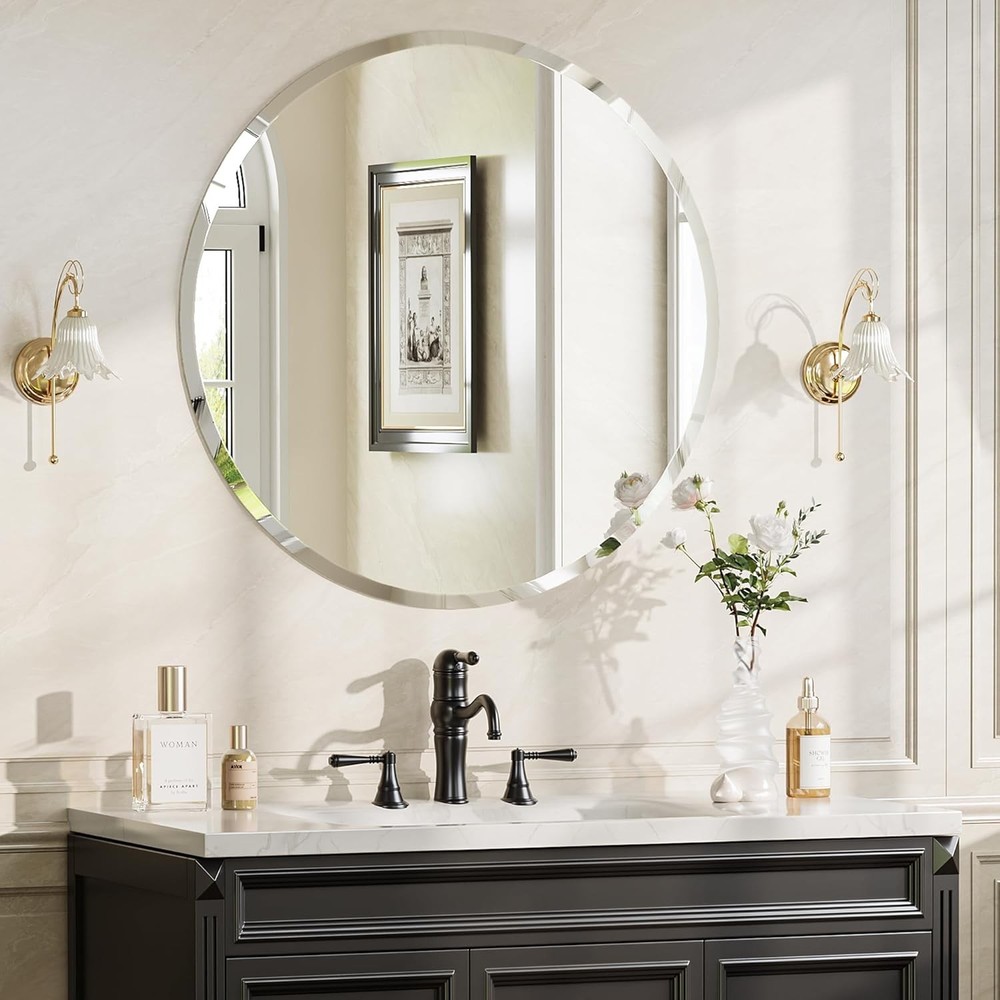 30" Frameless Round Bathroom Mirror - Beveled Vanity Mirror with Support Panel