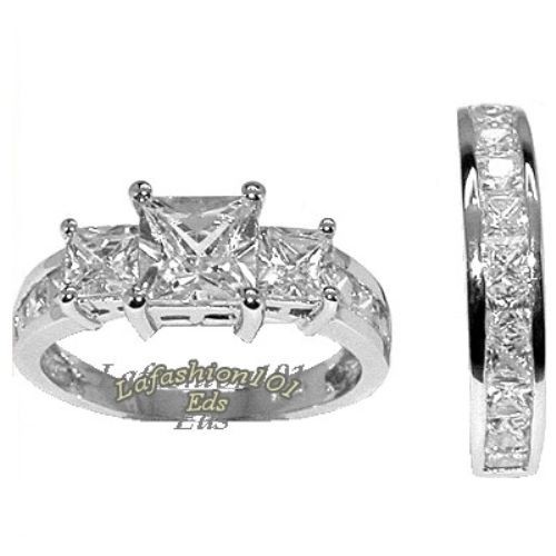 2.58ct Princess Cut CZ Womens Stainless Steel Wedding Engagement Set Rings