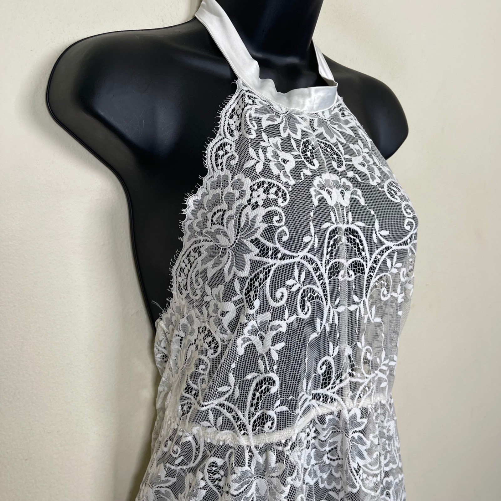 Intimissimi White Sheer Floral Lace Halter Chemise Lingerie L Ribbon Bow