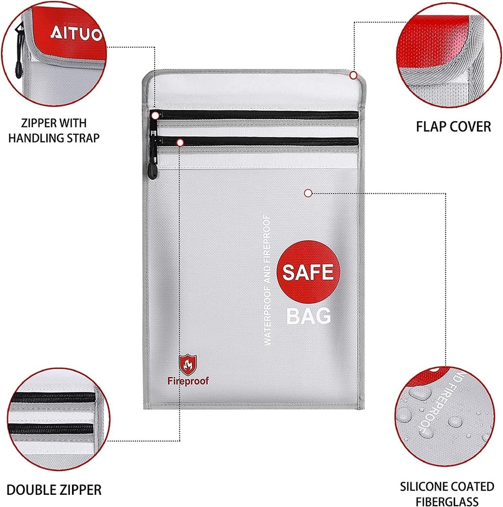 Fireproof Waterproof Bags, Two Pockets Fireproof Document Bag (2000℉) with Zippe