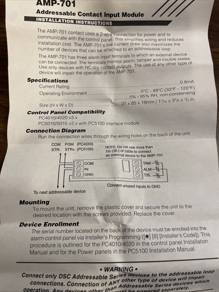 DSC Addressable Point Module AMP 701 for Maxsys Security System New Open Box