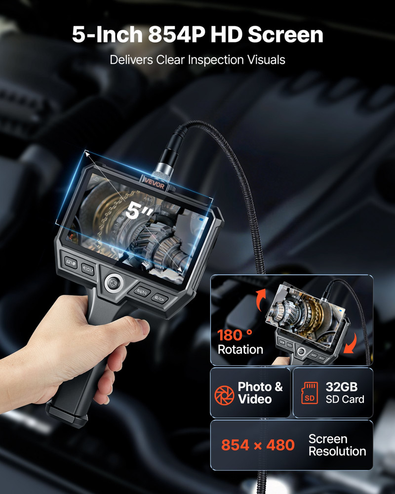 Triple Lens Endoscope 4.9FT Cable 5" Screen Borescope Camera IP67 w/ Light