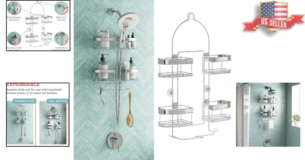Stainless Steel Hanging Shower Caddy - Expandable, Rust Resistant - 4 Baskets