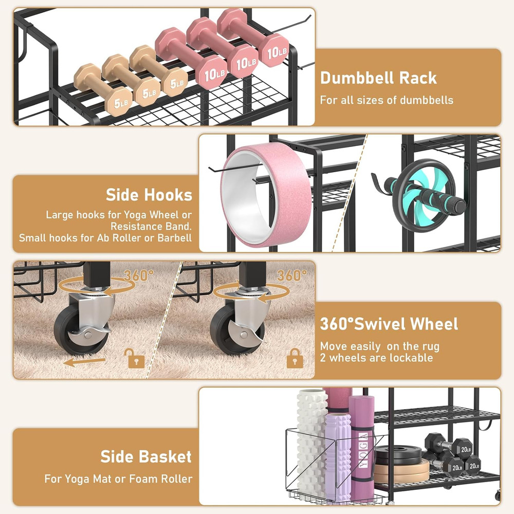 Home Gym Storage Rack, Multi-Functional Workout Equipment Storage for Dumbbells,