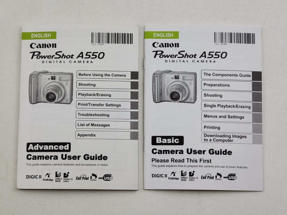 Advanced & Basic English Language User Guides for Canon PowerShot A550 Camera