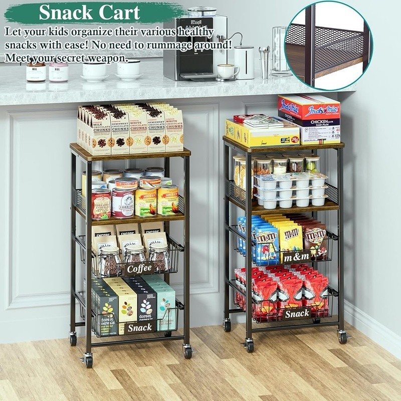 Rolling Kitchen Cart W/ Pull-Out Baskets Snack Organizer Fruit Storage