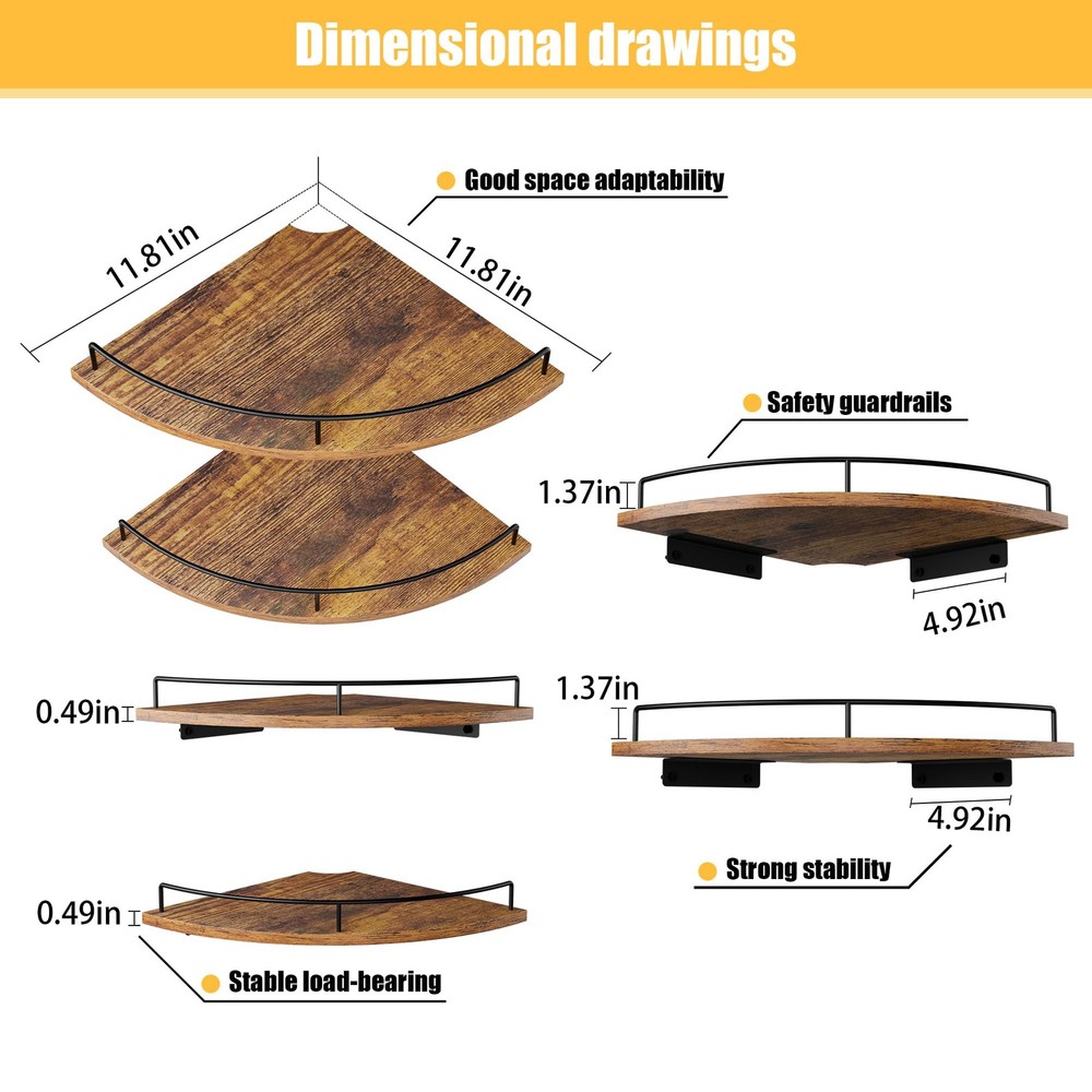 FNBAR Corner Floating Shelves, Rustic Mounted, Brown-2pack