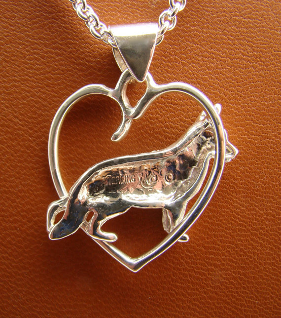 Large Sterling Silver German Shepherd Standing Study Through A Free Form Heart
