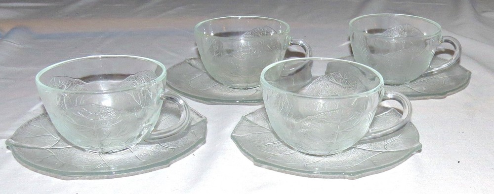 Durax Argentina Clear Glass Leaf Pattern FOUR Cups and Saucers