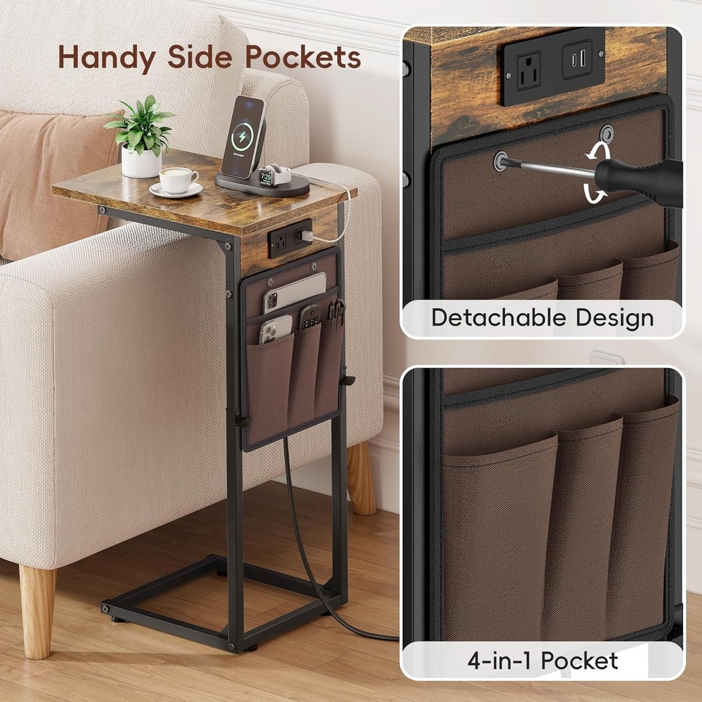 C Shaped End Table W/ Charging Station Adjustable Height Side Table Couch Small