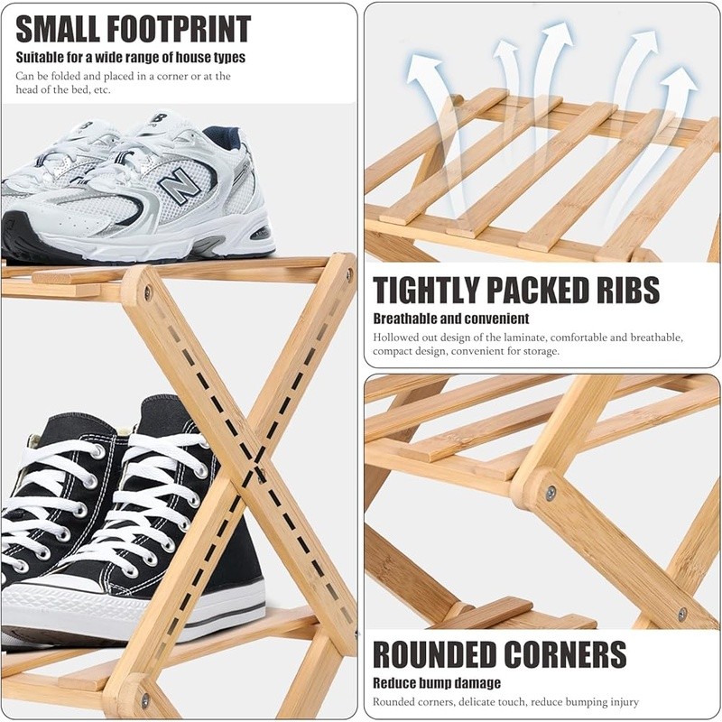 Foldable Bamboo Shoe Rack Space Saving Multi Purpose Storage Stand Durable Rack