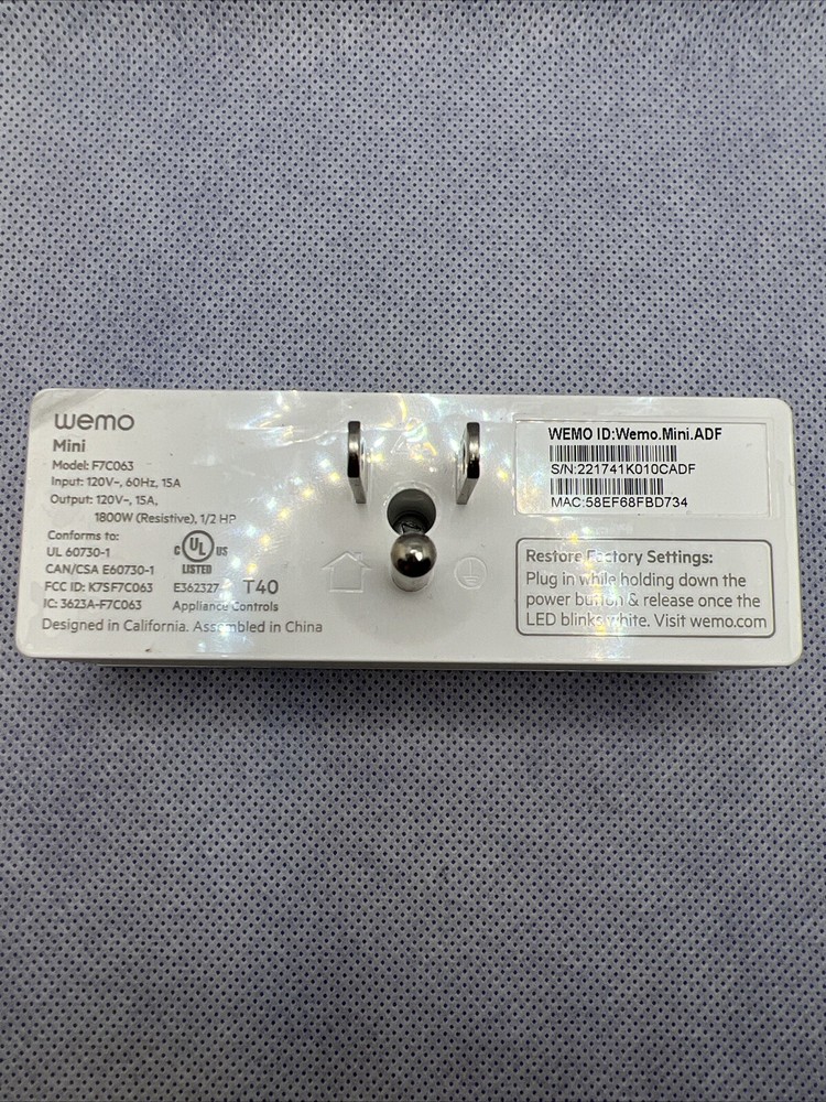 WeMo WiFi Enabled Mini Smart Plug White F7C063