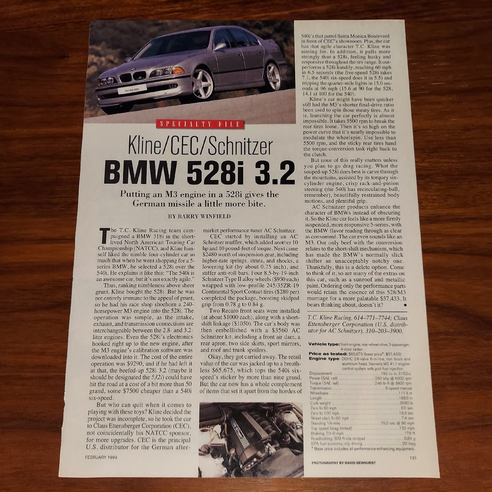 BMW E39 528i 3.2 M3 ENGINE MAGAZINE ARTICLE KLINE CEC SCHNITZER CAR DRIVER