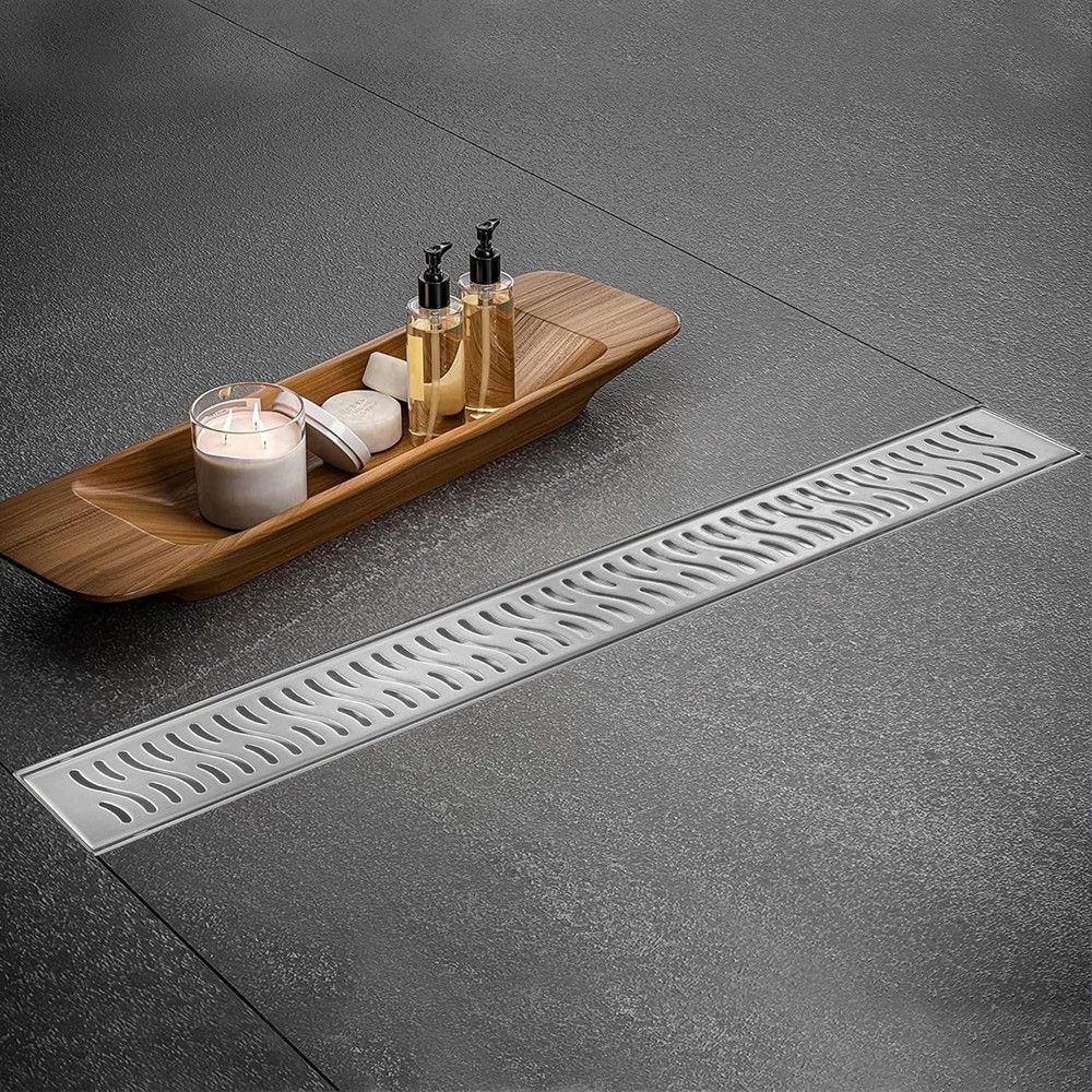 28 inch Linear Shower Drain, Brushed Rectangular Floor Drain, V-Shape Design
