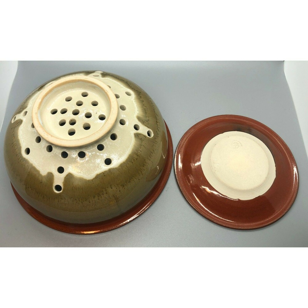 Fruit Colander Brown Olive Pottery Bowl with Dish