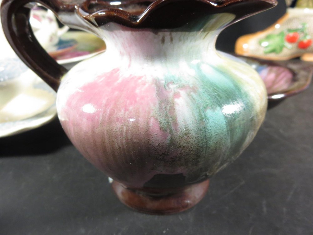 Mottled Brown & Multi-Colored Miniature Pottery Bowl & Pitcher Unknown