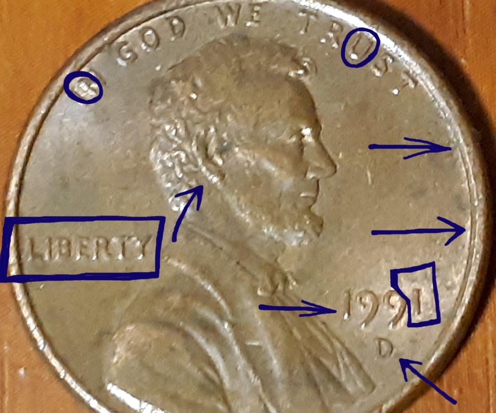 1991 / 7 D Lincoln Cent - 9 on N in Moto - Multiple errors on Obverse & Reverse
