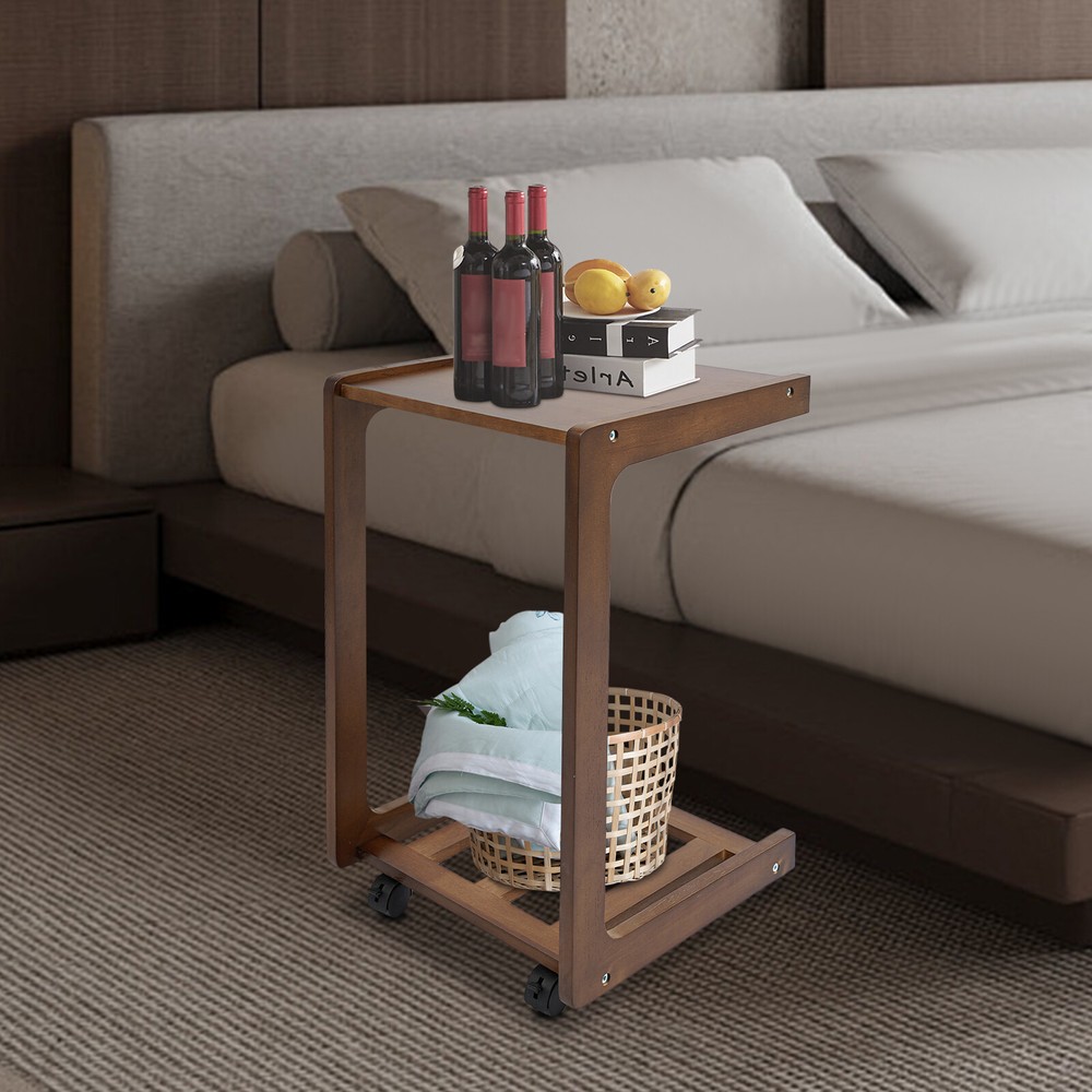 Modern C-shaped Rubber Wood End Table Small Side Table End Table with Wheels