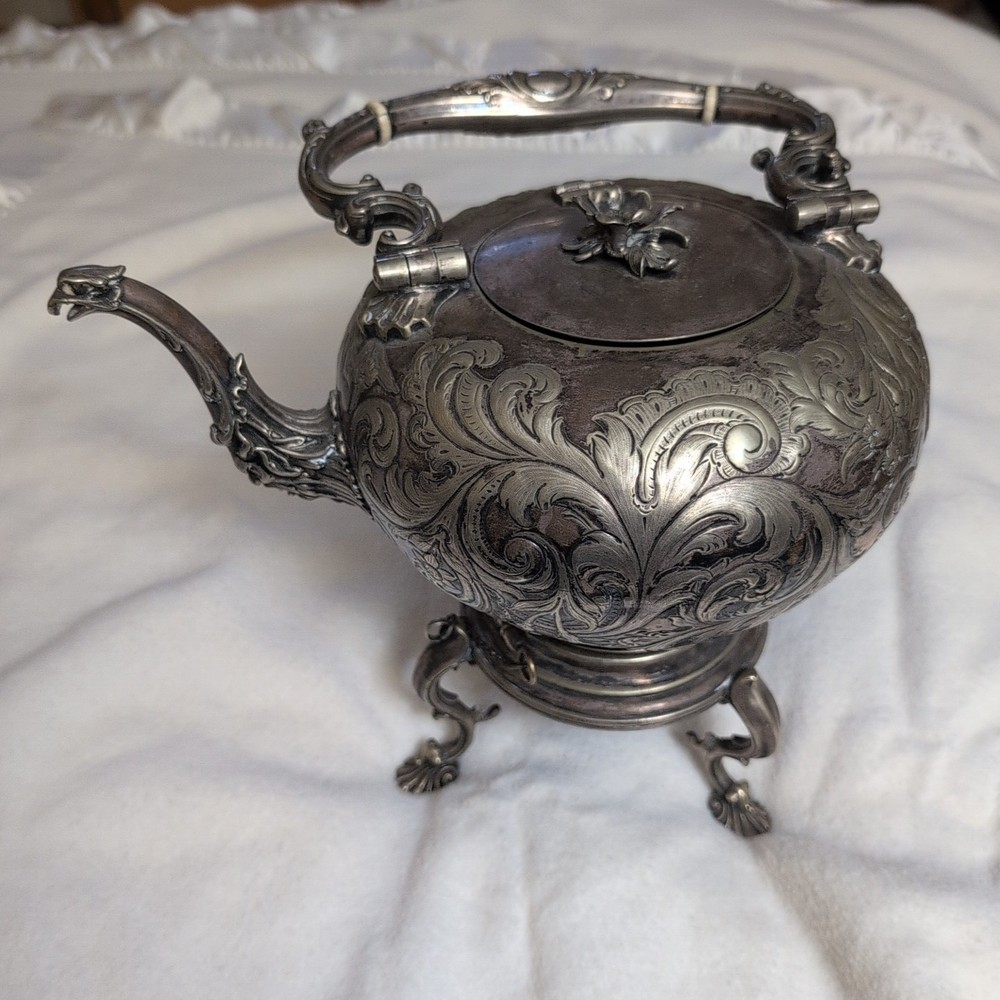 1800s Elkington & Co Silver Plated Tilting Teapot & Stand