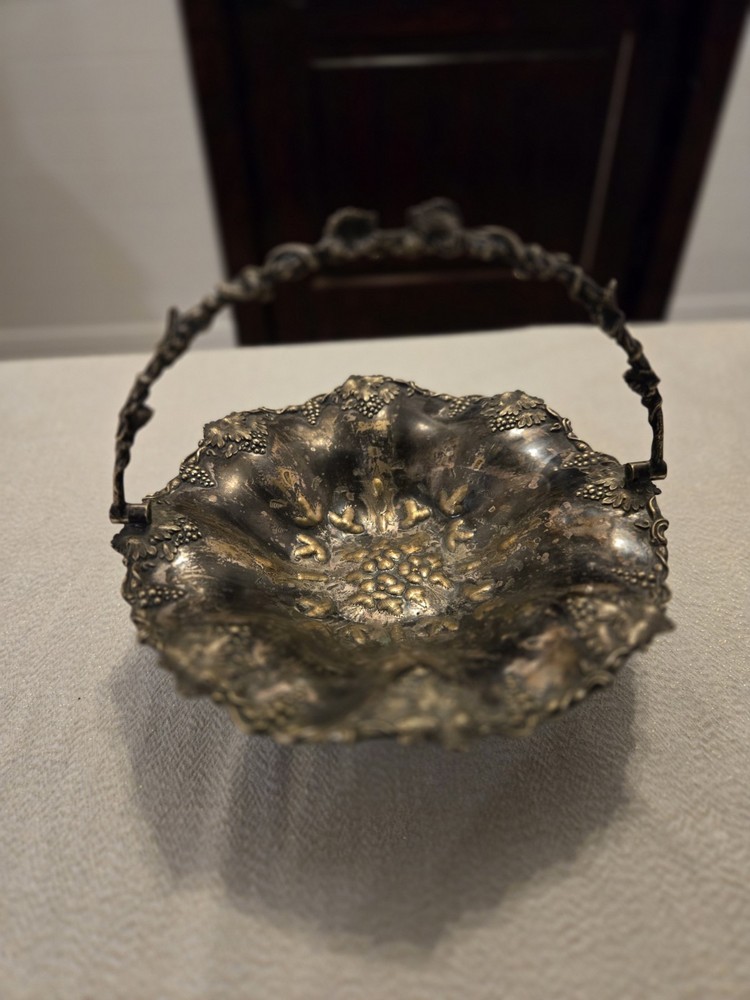 Antique Victorian Period Silver Plated Repousse Fruit Basket Grapevine Design