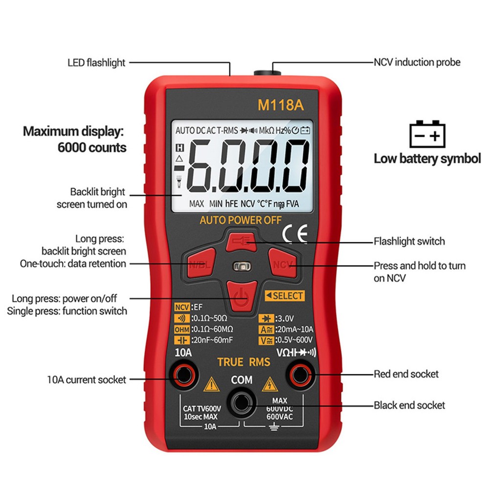 ANENG M118A Multifunktions Digital Multimeter 6000 Count Display Spannungstester